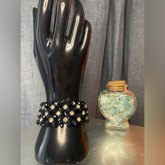 Wide Stretch Bracelet – 53g Chunky Black Faceted Beads with Crystal Spacers - Picture 1 of 5
